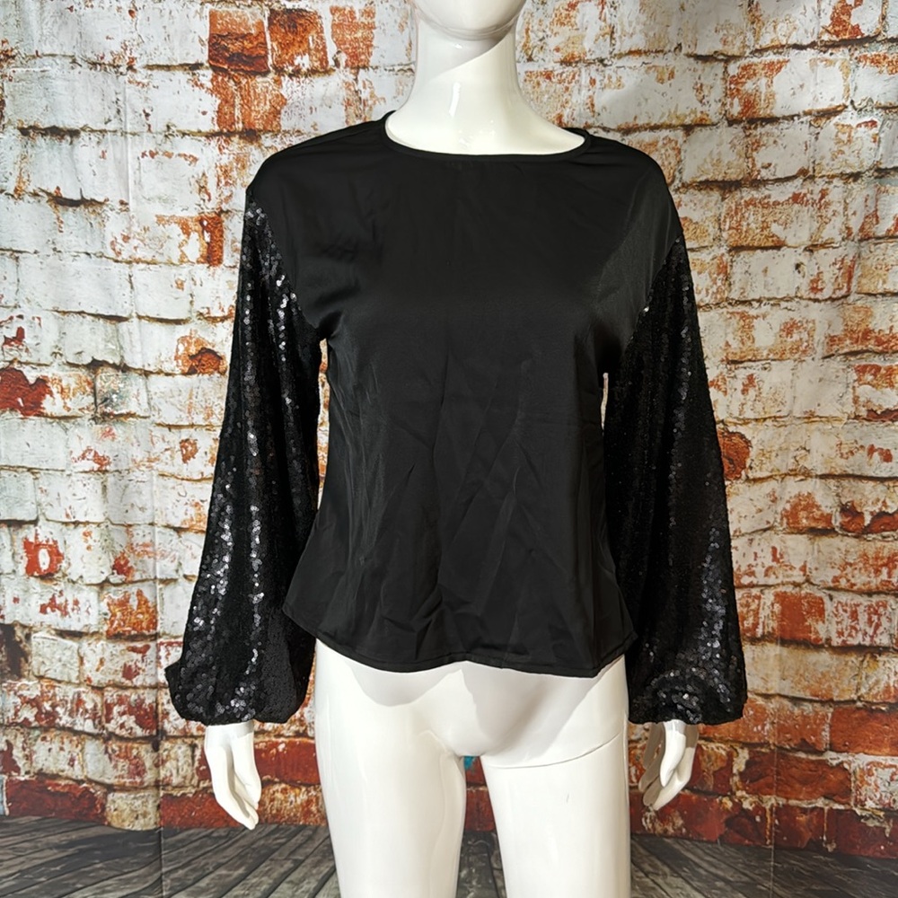 New with Tags Strut & Bolt Black Satin Sequin Sleeve Blouse